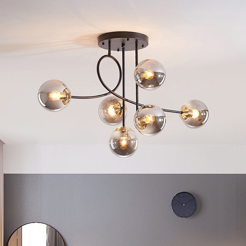 Metal Armed Ceiling Chandelier Modernist 6 Bulbs Black/Gold Hanging Light Fixture with Smoke Grey/Cognac/Milk White Glass Shade Black Smoke Grey Clearhalo 'Ceiling Lights' 'Chandeliers' 'Glass shade' 'Glass' 'Modern Chandeliers' 'Modern' Lighting' 303782