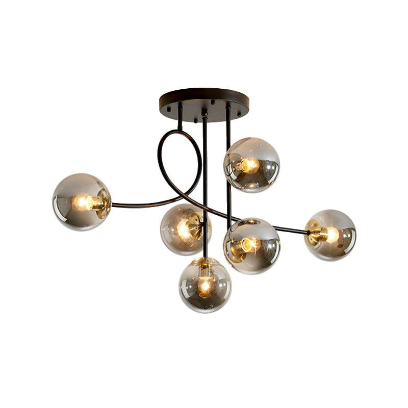 Metal Armed Ceiling Chandelier Modernist 6 Bulbs Black/Gold Hanging Light Fixture with Smoke Grey/Cognac/Milk White Glass Shade Clearhalo 'Ceiling Lights' 'Chandeliers' 'Glass shade' 'Glass' 'Modern Chandeliers' 'Modern' Lighting' 303783