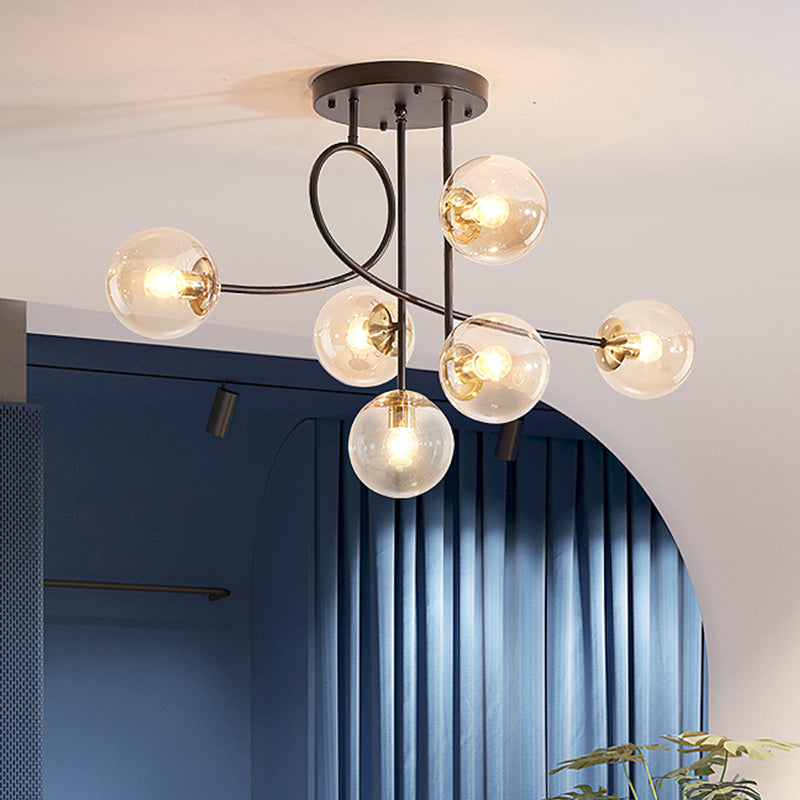 Metal Armed Ceiling Chandelier Modernist 6 Bulbs Black/Gold Hanging Light Fixture with Smoke Grey/Cognac/Milk White Glass Shade Black Cognac Clearhalo 'Ceiling Lights' 'Chandeliers' 'Glass shade' 'Glass' 'Modern Chandeliers' 'Modern' Lighting' 303784