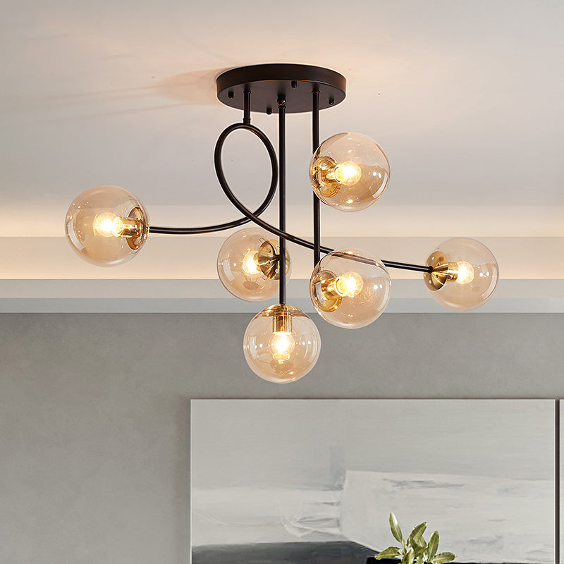 Metal Armed Ceiling Chandelier Modernist 6 Bulbs Black/Gold Hanging Light Fixture with Smoke Grey/Cognac/Milk White Glass Shade Clearhalo 'Ceiling Lights' 'Chandeliers' 'Glass shade' 'Glass' 'Modern Chandeliers' 'Modern' Lighting' 303785