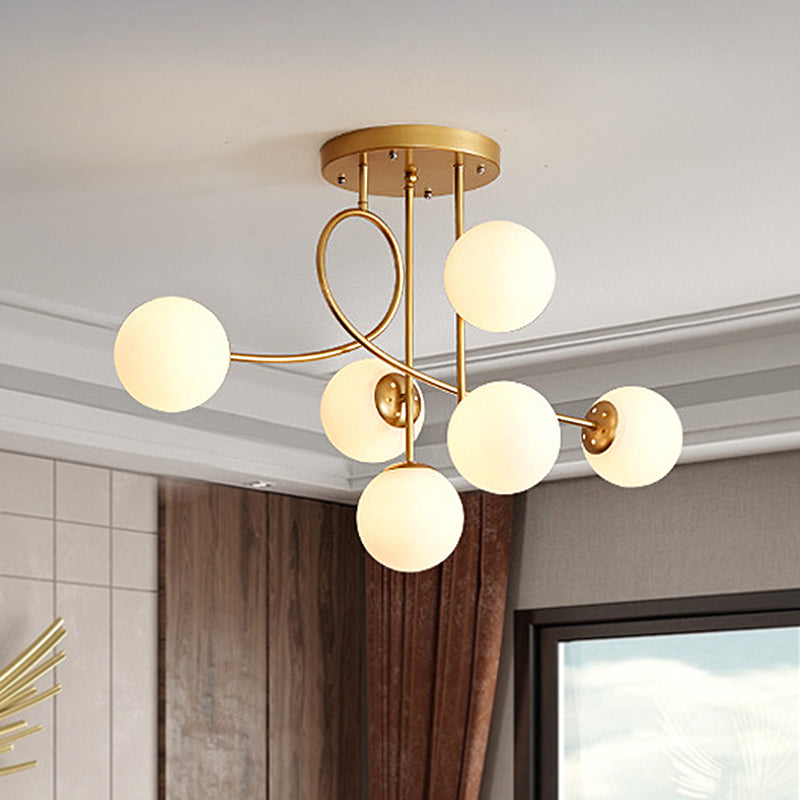 Metal Armed Ceiling Chandelier Modernist 6 Bulbs Black/Gold Hanging Light Fixture with Smoke Grey/Cognac/Milk White Glass Shade Gold Milk White Clearhalo 'Ceiling Lights' 'Chandeliers' 'Glass shade' 'Glass' 'Modern Chandeliers' 'Modern' Lighting' 303787