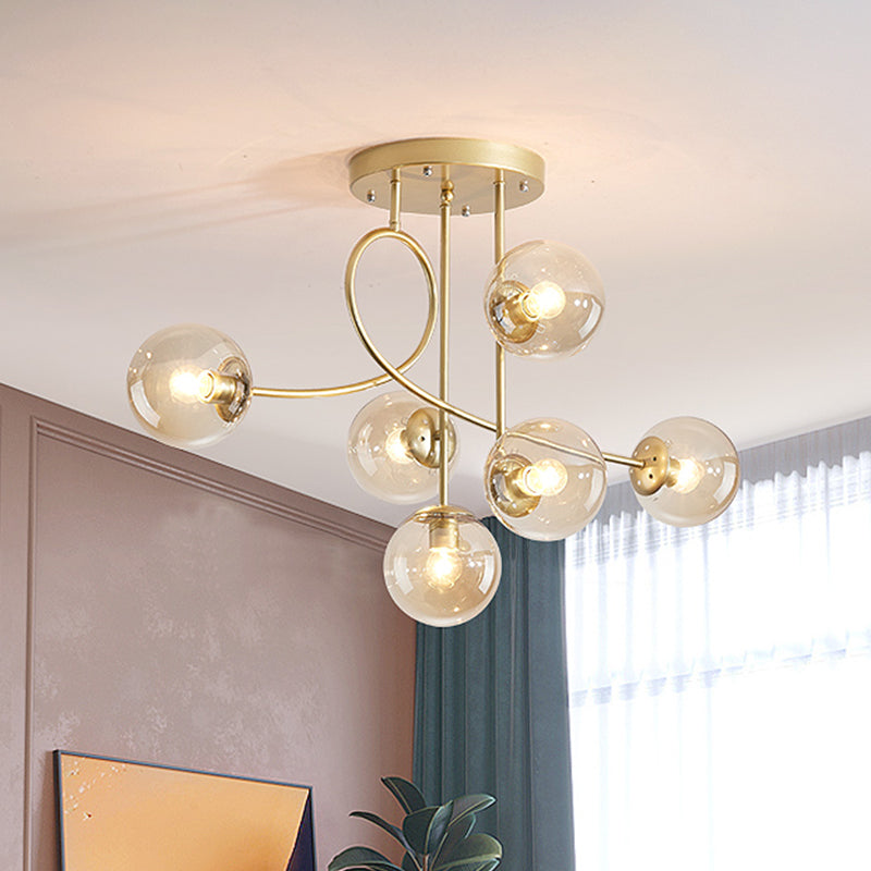 Metal Armed Ceiling Chandelier Modernist 6 Bulbs Black/Gold Hanging Light Fixture with Smoke Grey/Cognac/Milk White Glass Shade Gold Cognac Clearhalo 'Ceiling Lights' 'Chandeliers' 'Glass shade' 'Glass' 'Modern Chandeliers' 'Modern' Lighting' 303791