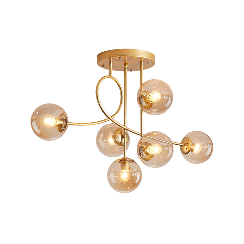 Metal Armed Ceiling Chandelier Modernist 6 Bulbs Black/Gold Hanging Light Fixture with Smoke Grey/Cognac/Milk White Glass Shade Clearhalo 'Ceiling Lights' 'Chandeliers' 'Glass shade' 'Glass' 'Modern Chandeliers' 'Modern' Lighting' 303793