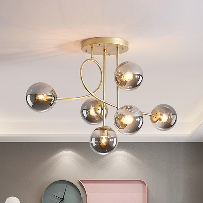 Metal Armed Ceiling Chandelier Modernist 6 Bulbs Black/Gold Hanging Light Fixture with Smoke Grey/Cognac/Milk White Glass Shade Gold Smoke Grey Clearhalo 'Ceiling Lights' 'Chandeliers' 'Glass shade' 'Glass' 'Modern Chandeliers' 'Modern' Lighting' 303794