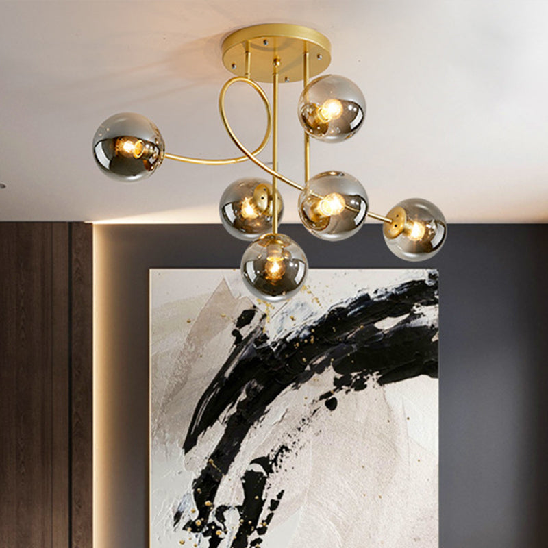 Metal Armed Ceiling Chandelier Modernist 6 Bulbs Black/Gold Hanging Light Fixture with Smoke Grey/Cognac/Milk White Glass Shade Clearhalo 'Ceiling Lights' 'Chandeliers' 'Glass shade' 'Glass' 'Modern Chandeliers' 'Modern' Lighting' 303795