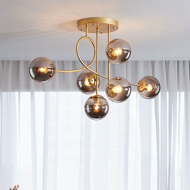 Metal Armed Ceiling Chandelier Modernist 6 Bulbs Black/Gold Hanging Light Fixture with Smoke Grey/Cognac/Milk White Glass Shade Clearhalo 'Ceiling Lights' 'Chandeliers' 'Glass shade' 'Glass' 'Modern Chandeliers' 'Modern' Lighting' 303796