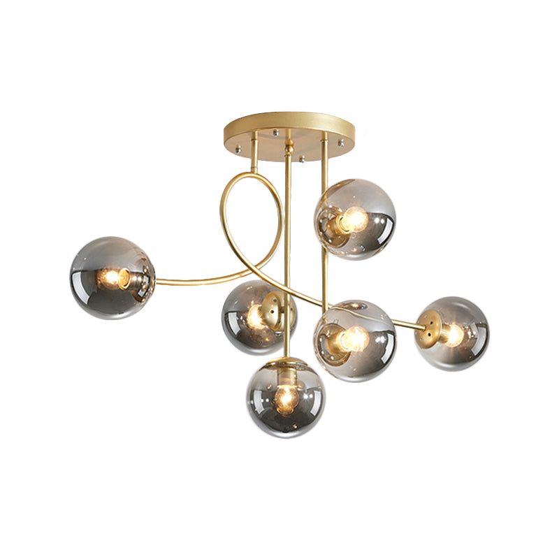 Metal Armed Ceiling Chandelier Modernist 6 Bulbs Black/Gold Hanging Light Fixture with Smoke Grey/Cognac/Milk White Glass Shade Clearhalo 'Ceiling Lights' 'Chandeliers' 'Glass shade' 'Glass' 'Modern Chandeliers' 'Modern' Lighting' 303797