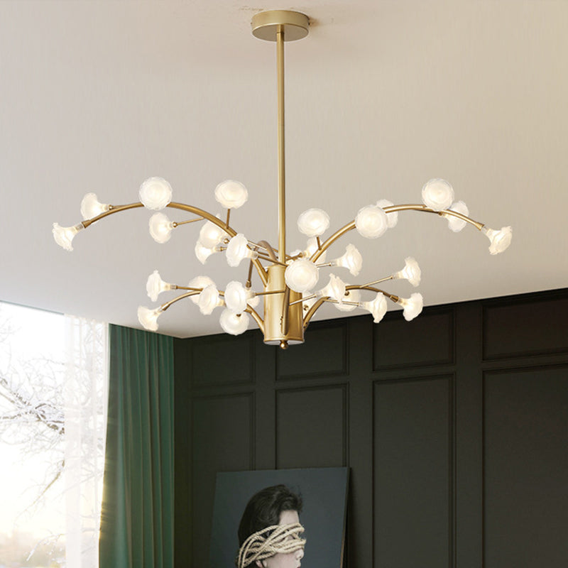 33 Bulbs Flower Chandelier Light Modernism Frosted Glass Suspended Lighting Fixture in Gold Clearhalo 'Ceiling Lights' 'Chandeliers' 'Glass shade' 'Glass' 'Modern Chandeliers' 'Modern' Lighting' 303804