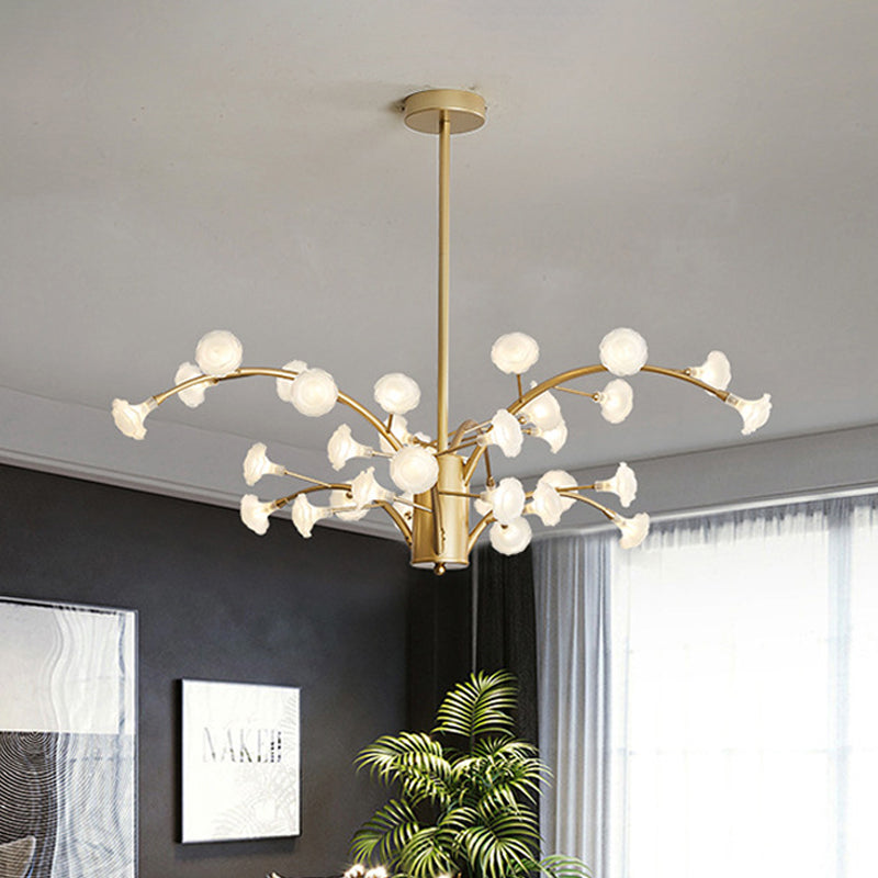 33 Bulbs Flower Chandelier Light Modernism Frosted Glass Suspended Lighting Fixture in Gold Gold Clearhalo 'Ceiling Lights' 'Chandeliers' 'Glass shade' 'Glass' 'Modern Chandeliers' 'Modern' Lighting' 303805