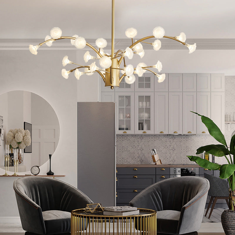 33 Bulbs Flower Chandelier Light Modernism Frosted Glass Suspended Lighting Fixture in Gold Clearhalo 'Ceiling Lights' 'Chandeliers' 'Glass shade' 'Glass' 'Modern Chandeliers' 'Modern' Lighting' 303806