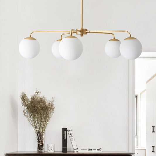 Milky Glass Global Chandelier Lamp Contemporary 5 Heads Brass Hanging Ceiling Light Brass Clearhalo 'Ceiling Lights' 'Chandeliers' 'Glass shade' 'Glass' 'Modern Chandeliers' 'Modern' Lighting' 303811