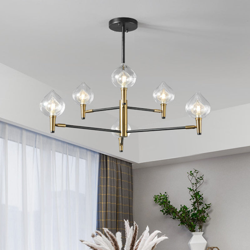 Teardrop Chandelier Lighting Modernist Clear Glass 6/8 Heads Black and Gold Hanging Ceiling Light 6 Black-Gold Clearhalo 'Ceiling Lights' 'Chandeliers' 'Glass shade' 'Glass' 'Modern Chandeliers' 'Modern' Lighting' 303838