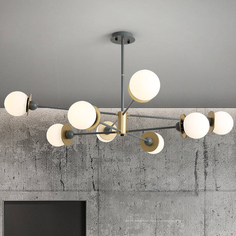 8 Bulbs Living Room Pendant Chandelier Modernism Grey Hanging Light Kit with Ball Opal Frosted Glass Shade Clearhalo 'Ceiling Lights' 'Chandeliers' 'Glass shade' 'Glass' 'Modern Chandeliers' 'Modern' Lighting' 303868