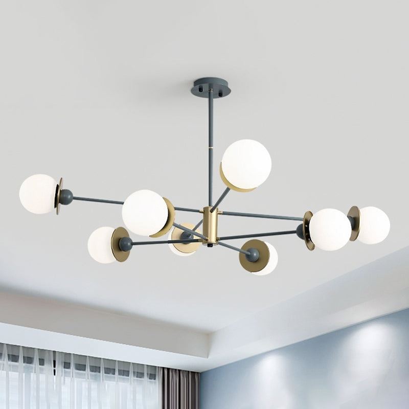 8 Bulbs Living Room Pendant Chandelier Modernism Grey Hanging Light Kit with Ball Opal Frosted Glass Shade Grey Clearhalo 'Ceiling Lights' 'Chandeliers' 'Glass shade' 'Glass' 'Modern Chandeliers' 'Modern' Lighting' 303869