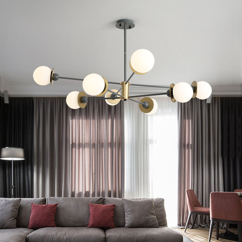 8 Bulbs Living Room Pendant Chandelier Modernism Grey Hanging Light Kit with Ball Opal Frosted Glass Shade Clearhalo 'Ceiling Lights' 'Chandeliers' 'Glass shade' 'Glass' 'Modern Chandeliers' 'Modern' Lighting' 303870