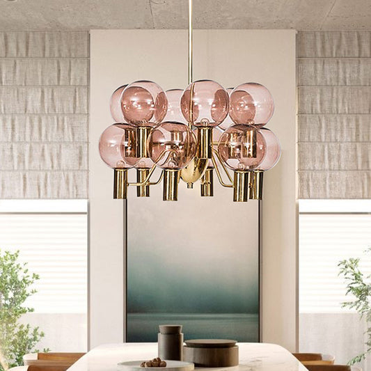 Modernist Global Ceiling Chandelier Pink Glass 12 Heads Dining Room Hanging Pendant Light Pink Clearhalo 'Ceiling Lights' 'Chandeliers' 'Glass shade' 'Glass' 'Modern Chandeliers' 'Modern' Lighting' 303881