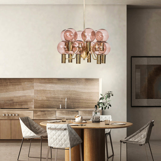 Modernist Global Ceiling Chandelier Pink Glass 12 Heads Dining Room Hanging Pendant Light Clearhalo 'Ceiling Lights' 'Chandeliers' 'Glass shade' 'Glass' 'Modern Chandeliers' 'Modern' Lighting' 303882