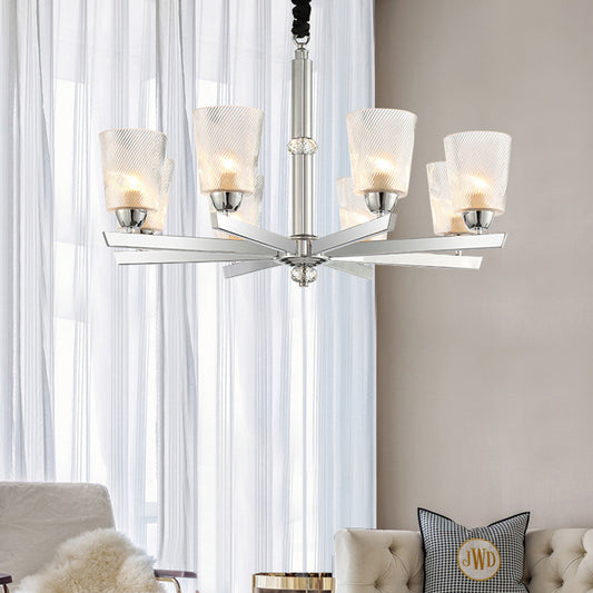 8 Bulbs Flared Pendant Chandelier Modernism Ribbed Glass Hanging Ceiling Light in Chrome Chrome Clearhalo 'Ceiling Lights' 'Chandeliers' 'Glass shade' 'Glass' 'Modern Chandeliers' 'Modern' Lighting' 303887