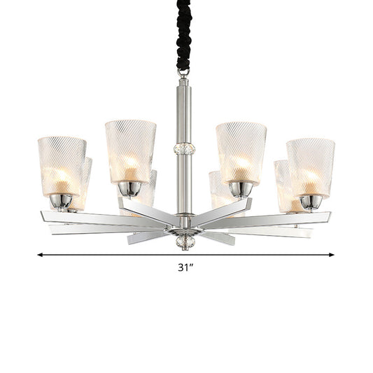 8 Bulbs Flared Pendant Chandelier Modernism Ribbed Glass Hanging Ceiling Light in Chrome Clearhalo 'Ceiling Lights' 'Chandeliers' 'Glass shade' 'Glass' 'Modern Chandeliers' 'Modern' Lighting' 303890