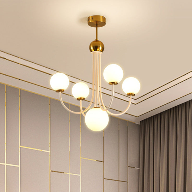 White Glass Spherical Ceiling Chandelier Contemporary 5/7 Bulbs Hanging Light Fixture in Gold Clearhalo 'Ceiling Lights' 'Chandeliers' 'Glass shade' 'Glass' 'Island Lights' 'Modern Chandeliers' 'Modern' Lighting' 303916