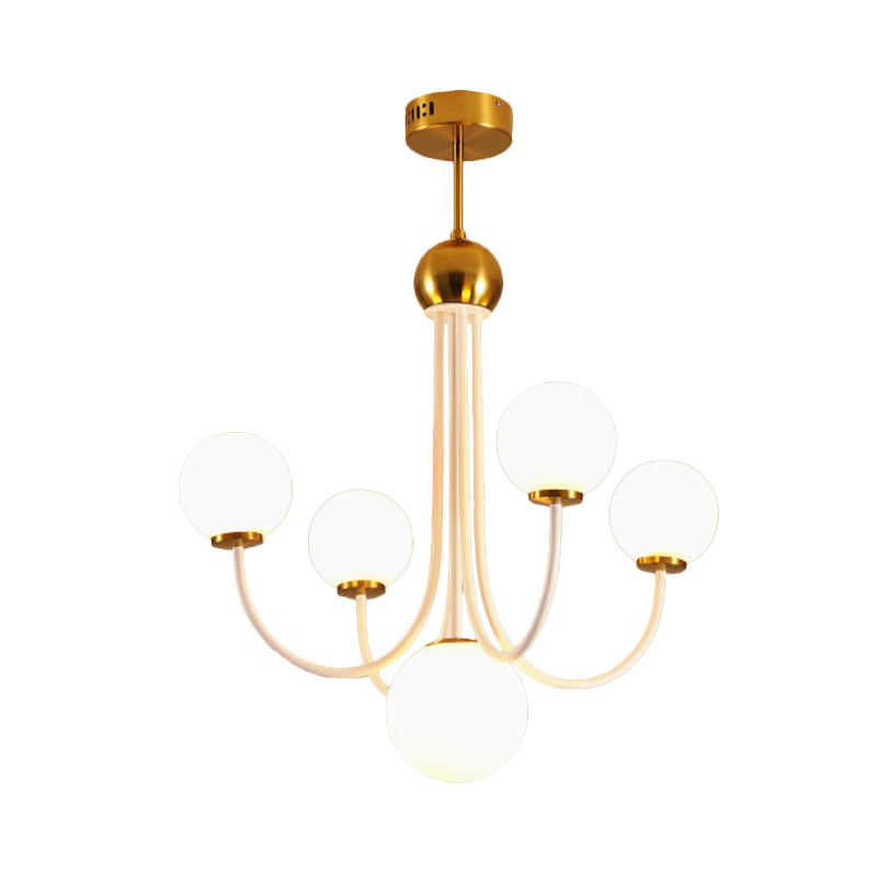 White Glass Spherical Ceiling Chandelier Contemporary 5/7 Bulbs Hanging Light Fixture in Gold Clearhalo 'Ceiling Lights' 'Chandeliers' 'Glass shade' 'Glass' 'Island Lights' 'Modern Chandeliers' 'Modern' Lighting' 303919