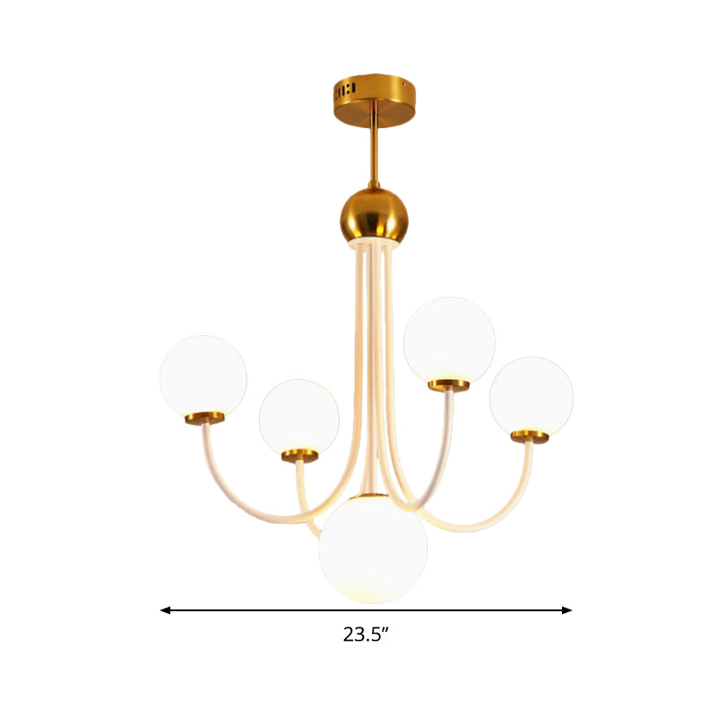 White Glass Spherical Ceiling Chandelier Contemporary 5/7 Bulbs Hanging Light Fixture in Gold Clearhalo 'Ceiling Lights' 'Chandeliers' 'Glass shade' 'Glass' 'Island Lights' 'Modern Chandeliers' 'Modern' Lighting' 303920