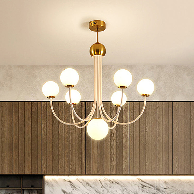 White Glass Spherical Ceiling Chandelier Contemporary 5/7 Bulbs Hanging Light Fixture in Gold 7 Gold Clearhalo 'Ceiling Lights' 'Chandeliers' 'Glass shade' 'Glass' 'Island Lights' 'Modern Chandeliers' 'Modern' Lighting' 303921