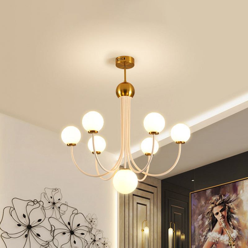 White Glass Spherical Ceiling Chandelier Contemporary 5/7 Bulbs Hanging Light Fixture in Gold Clearhalo 'Ceiling Lights' 'Chandeliers' 'Glass shade' 'Glass' 'Island Lights' 'Modern Chandeliers' 'Modern' Lighting' 303922