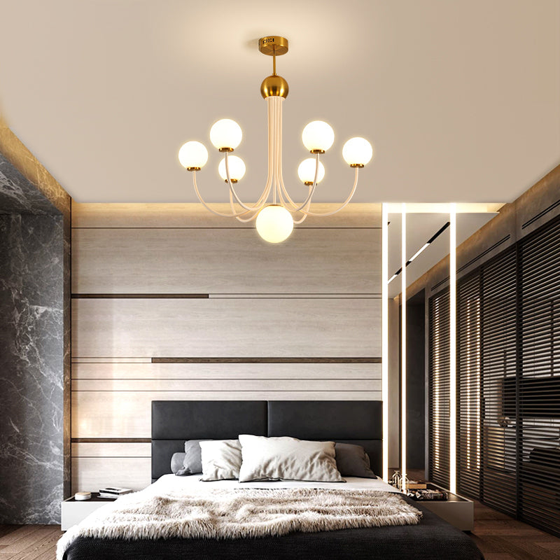 White Glass Spherical Ceiling Chandelier Contemporary 5/7 Bulbs Hanging Light Fixture in Gold Clearhalo 'Ceiling Lights' 'Chandeliers' 'Glass shade' 'Glass' 'Island Lights' 'Modern Chandeliers' 'Modern' Lighting' 303923