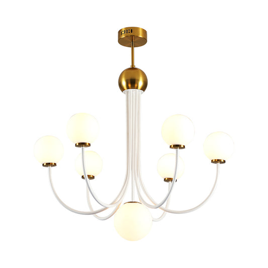 White Glass Spherical Ceiling Chandelier Contemporary 5/7 Bulbs Hanging Light Fixture in Gold Clearhalo 'Ceiling Lights' 'Chandeliers' 'Glass shade' 'Glass' 'Island Lights' 'Modern Chandeliers' 'Modern' Lighting' 303924