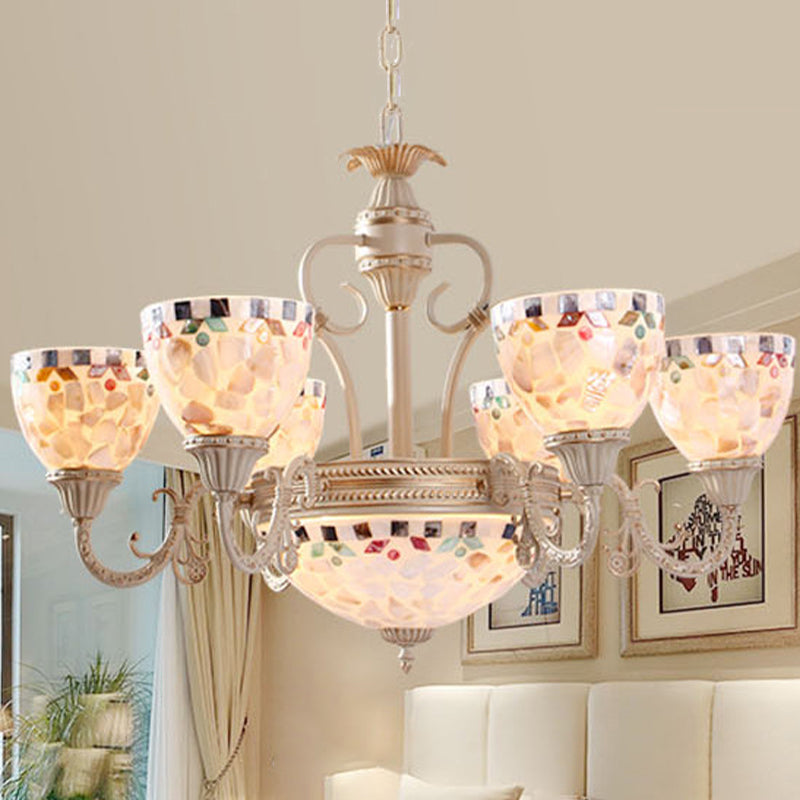 Shell Dome Chandelier Pendant Light Mediterranean 5/9/11 Lights White Ceiling Suspension Lamp 9 White Clearhalo 'Ceiling Lights' 'Chandeliers' 'Industrial' 'Middle Century Chandeliers' 'Tiffany Chandeliers' 'Tiffany close to ceiling' 'Tiffany' Lighting' 303928