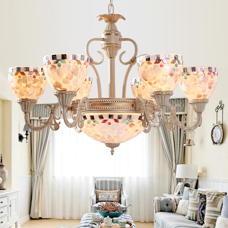 Shell Dome Chandelier Pendant Light Mediterranean 5/9/11 Lights White Ceiling Suspension Lamp Clearhalo 'Ceiling Lights' 'Chandeliers' 'Industrial' 'Middle Century Chandeliers' 'Tiffany Chandeliers' 'Tiffany close to ceiling' 'Tiffany' Lighting' 303930