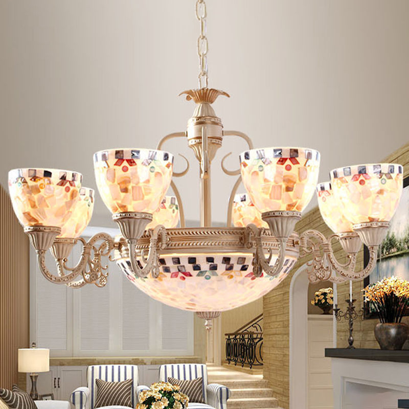 Shell Dome Chandelier Pendant Light Mediterranean 5/9/11 Lights White Ceiling Suspension Lamp 11 White Clearhalo 'Ceiling Lights' 'Chandeliers' 'Industrial' 'Middle Century Chandeliers' 'Tiffany Chandeliers' 'Tiffany close to ceiling' 'Tiffany' Lighting' 303933