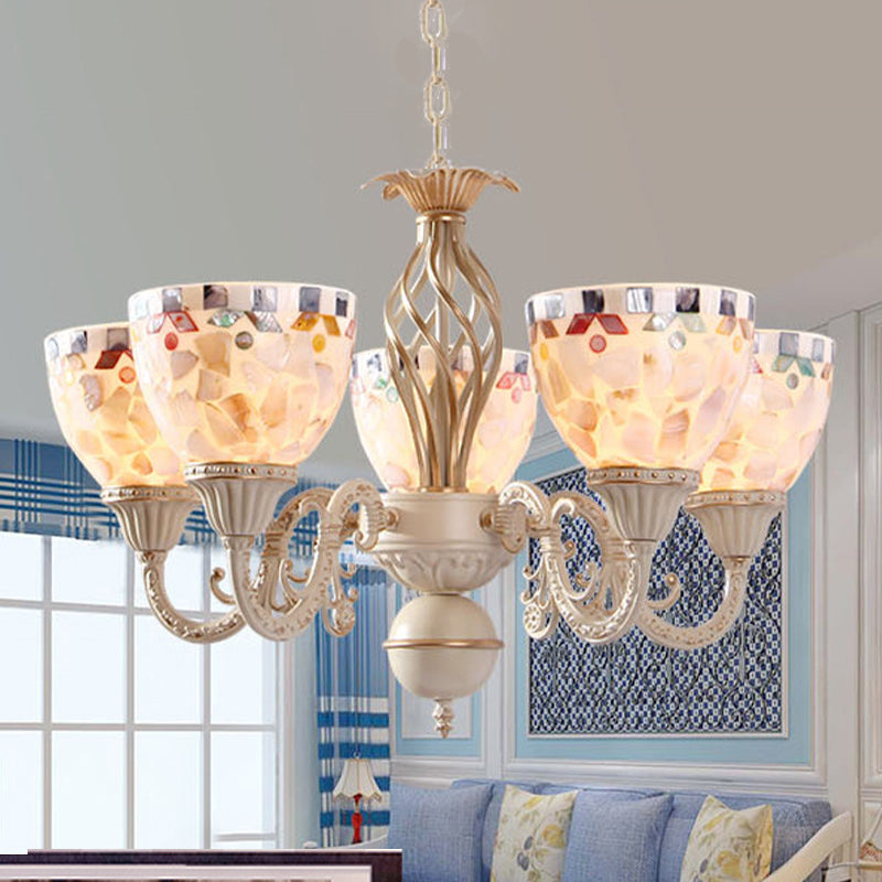 Shell Dome Chandelier Pendant Light Mediterranean 5/9/11 Lights White Ceiling Suspension Lamp 5 White Clearhalo 'Ceiling Lights' 'Chandeliers' 'Industrial' 'Middle Century Chandeliers' 'Tiffany Chandeliers' 'Tiffany close to ceiling' 'Tiffany' Lighting' 303936