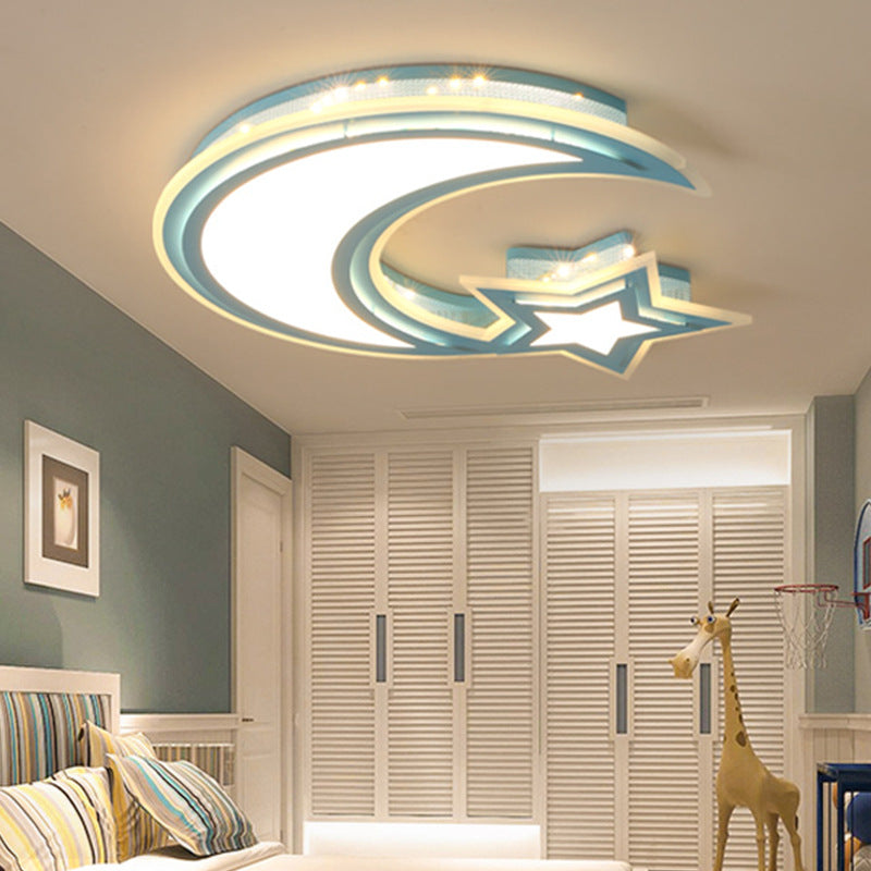 Crescent and Star Flush Ceiling Light Cartoon Acrylic LED Ceiling Lamp for Girls Boys Bedroom Blue Clearhalo 'Ceiling Lights' 'Close To Ceiling Lights' 'Close to ceiling' 'Flush mount' Lighting' 30549