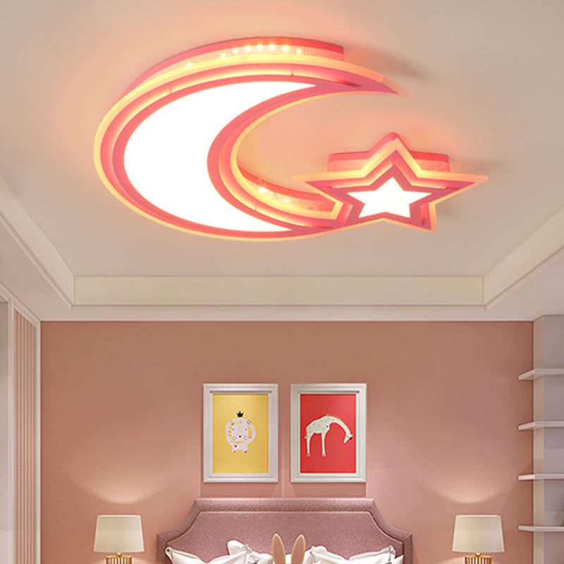 Crescent and Star Flush Ceiling Light Cartoon Acrylic LED Ceiling Lamp for Girls Boys Bedroom Pink Clearhalo 'Ceiling Lights' 'Close To Ceiling Lights' 'Close to ceiling' 'Flush mount' Lighting' 30552