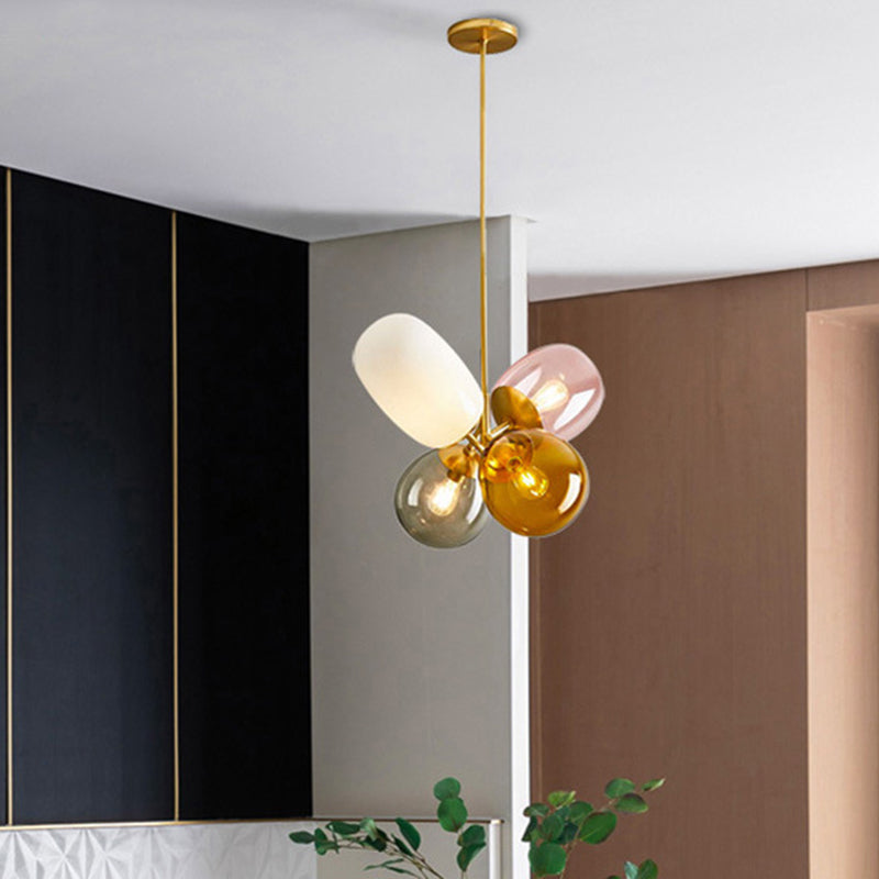 Contemporary Spherical Amber-Smoke-Pink Glass Ceiling Chandelier 4 Lights Hanging Light Kit in Brass Brass Clearhalo 'Ceiling Lights' 'Chandeliers' 'Glass shade' 'Glass' 'Island Lights' 'Modern Chandeliers' 'Modern' Lighting' 311123