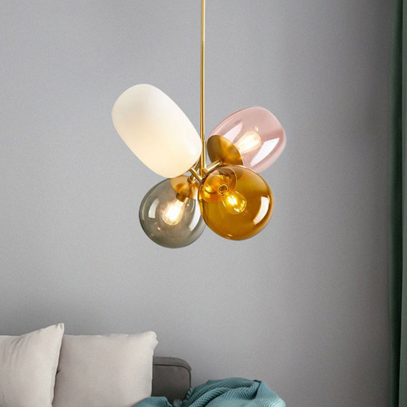 Contemporary Spherical Amber-Smoke-Pink Glass Ceiling Chandelier 4 Lights Hanging Light Kit in Brass Clearhalo 'Ceiling Lights' 'Chandeliers' 'Glass shade' 'Glass' 'Island Lights' 'Modern Chandeliers' 'Modern' Lighting' 311124