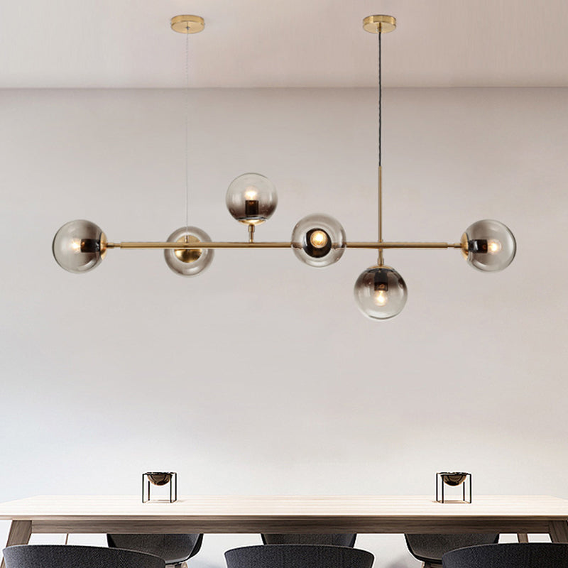 1 Light Dining Room Island Lamp Minimalist Brass Chandelier Lighting with Round Smoke Gray Glass Shade Clearhalo 'Ceiling Lights' 'Close To Ceiling Lights' 'Glass shade' 'Glass' 'Island Lights' Lighting' 311128