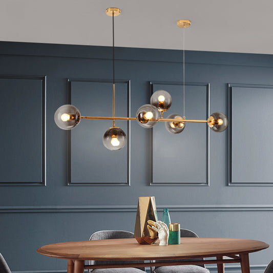 1 Light Dining Room Island Lamp Minimalist Brass Chandelier Lighting with Round Smoke Gray Glass Shade Clearhalo 'Ceiling Lights' 'Close To Ceiling Lights' 'Glass shade' 'Glass' 'Island Lights' Lighting' 311129