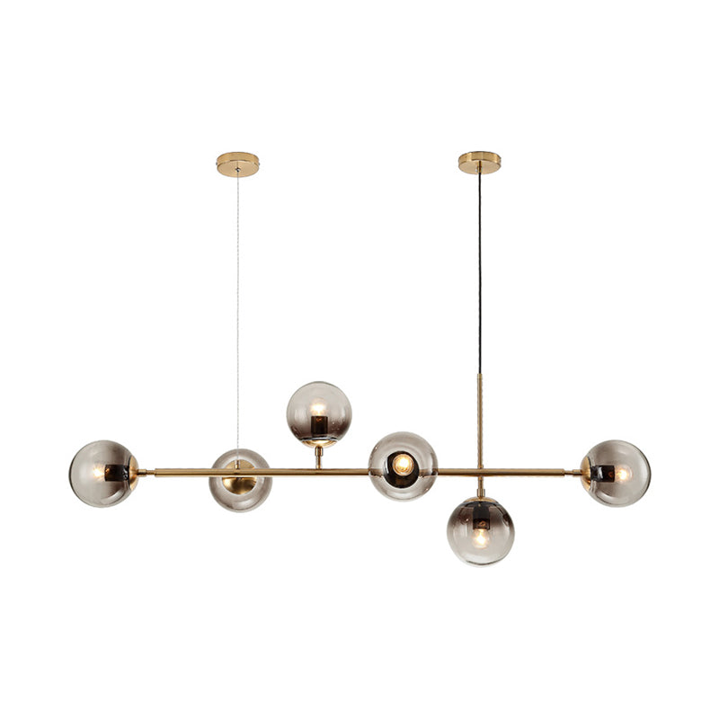 1 Light Dining Room Island Lamp Minimalist Brass Chandelier Lighting with Round Smoke Gray Glass Shade Clearhalo 'Ceiling Lights' 'Close To Ceiling Lights' 'Glass shade' 'Glass' 'Island Lights' Lighting' 311130