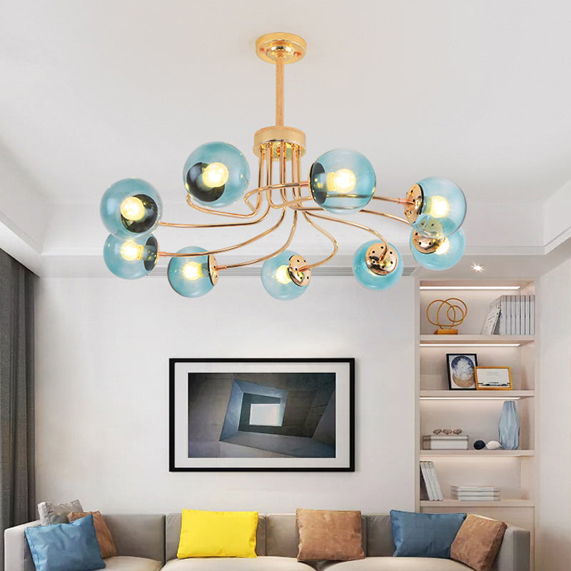 Round Ceiling Chandelier Modern Style Blue/Amber Glass 9 Lights in Gold/Black Hanging Lamp Kit Gold Clearhalo 'Ceiling Lights' 'Chandeliers' 'Close To Ceiling Lights' 'Glass shade' 'Glass' 'Modern Chandeliers' 'Modern' Lighting' 311185