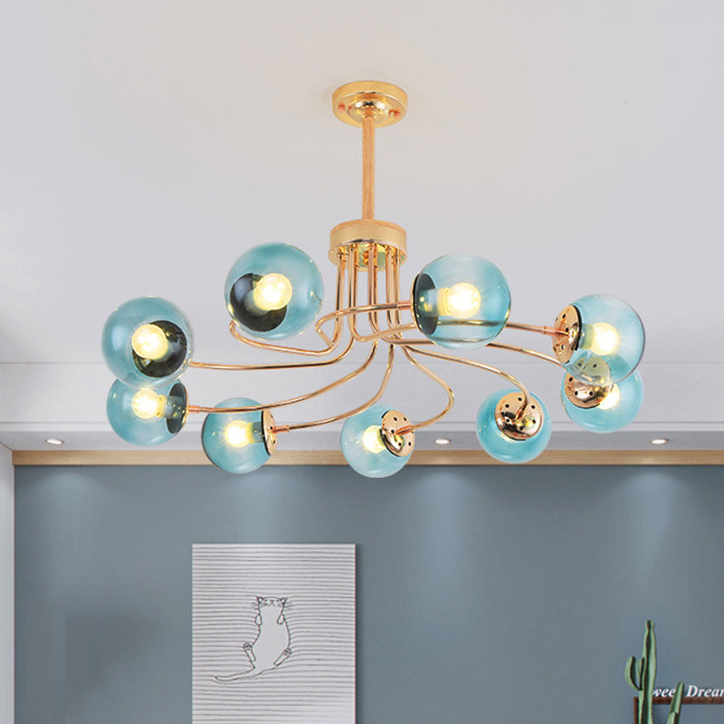 Round Ceiling Chandelier Modern Style Blue/Amber Glass 9 Lights in Gold/Black Hanging Lamp Kit Clearhalo 'Ceiling Lights' 'Chandeliers' 'Close To Ceiling Lights' 'Glass shade' 'Glass' 'Modern Chandeliers' 'Modern' Lighting' 311186