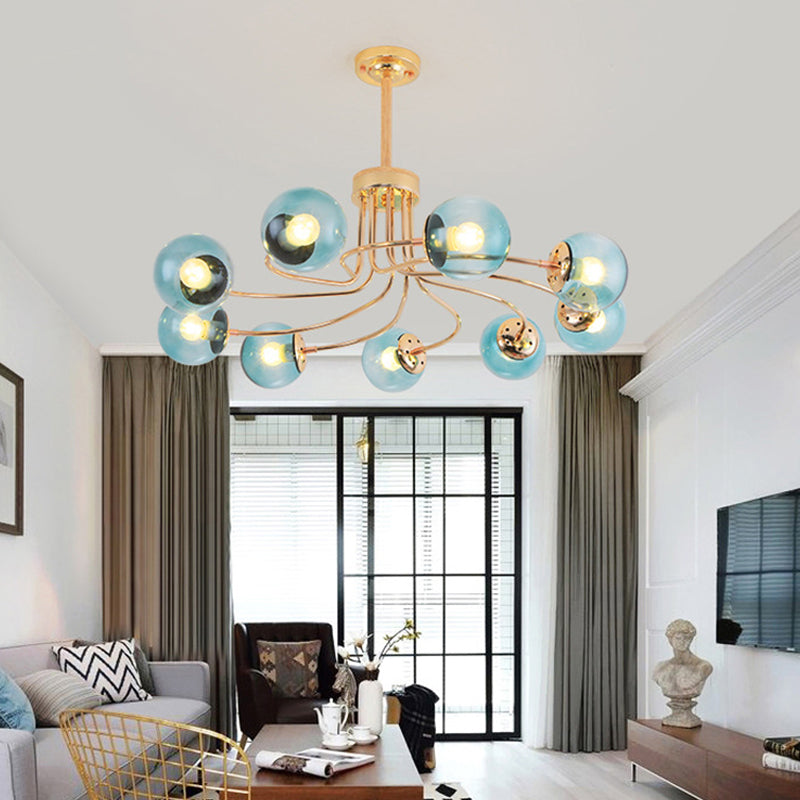 Round Ceiling Chandelier Modern Style Blue/Amber Glass 9 Lights in Gold/Black Hanging Lamp Kit Clearhalo 'Ceiling Lights' 'Chandeliers' 'Close To Ceiling Lights' 'Glass shade' 'Glass' 'Modern Chandeliers' 'Modern' Lighting' 311187