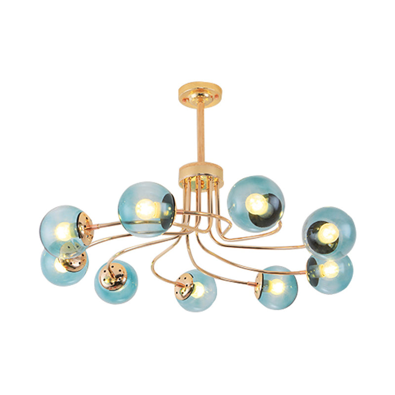 Round Ceiling Chandelier Modern Style Blue/Amber Glass 9 Lights in Gold/Black Hanging Lamp Kit Clearhalo 'Ceiling Lights' 'Chandeliers' 'Close To Ceiling Lights' 'Glass shade' 'Glass' 'Modern Chandeliers' 'Modern' Lighting' 311188