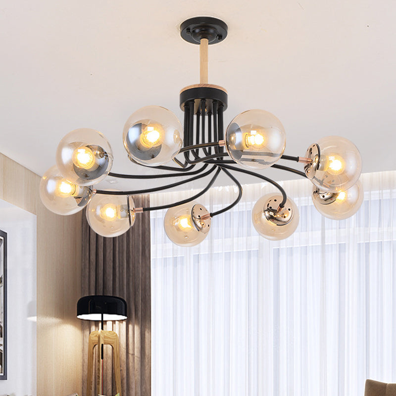 Round Ceiling Chandelier Modern Style Blue/Amber Glass 9 Lights in Gold/Black Hanging Lamp Kit Black Clearhalo 'Ceiling Lights' 'Chandeliers' 'Close To Ceiling Lights' 'Glass shade' 'Glass' 'Modern Chandeliers' 'Modern' Lighting' 311189