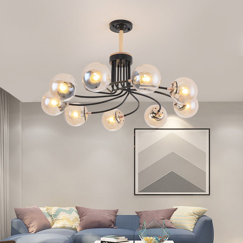 Round Ceiling Chandelier Modern Style Blue/Amber Glass 9 Lights in Gold/Black Hanging Lamp Kit Clearhalo 'Ceiling Lights' 'Chandeliers' 'Close To Ceiling Lights' 'Glass shade' 'Glass' 'Modern Chandeliers' 'Modern' Lighting' 311190