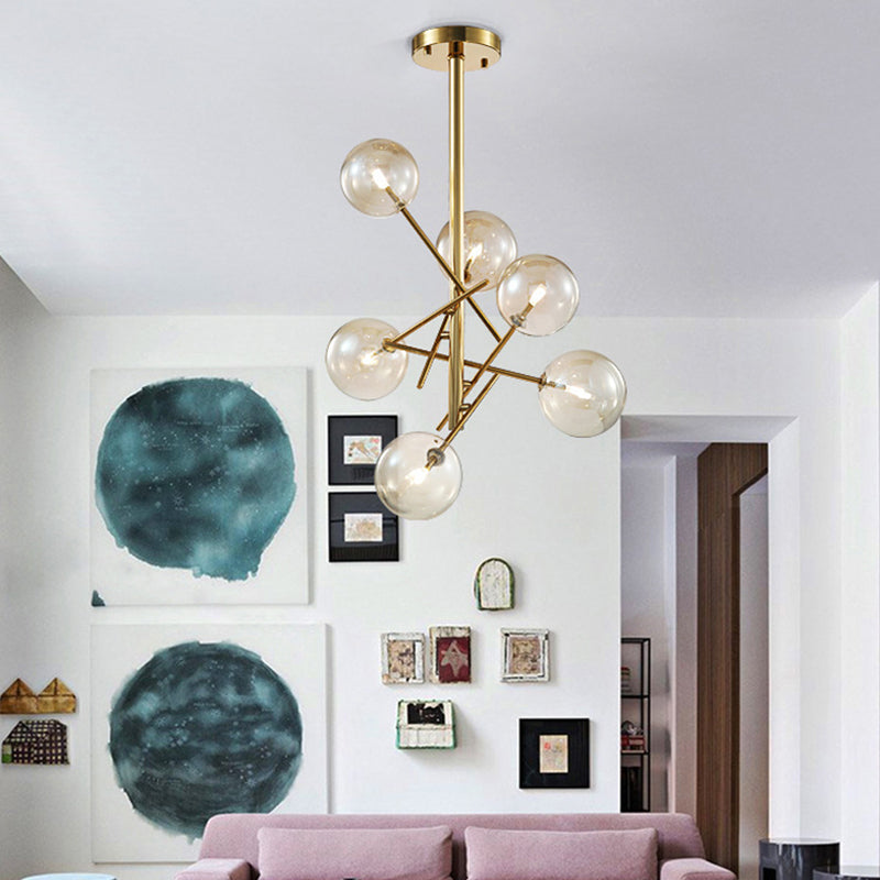 Minimalist Globe Semi Flush Light Cognac Glass 6 Lights Bedroom Semi Flush Mount in Brass Brass Clearhalo 'Ceiling Lights' 'Chandeliers' 'Close To Ceiling Lights' 'Close to ceiling' 'Glass shade' 'Glass' 'Semi-flushmount' Lighting' 311196