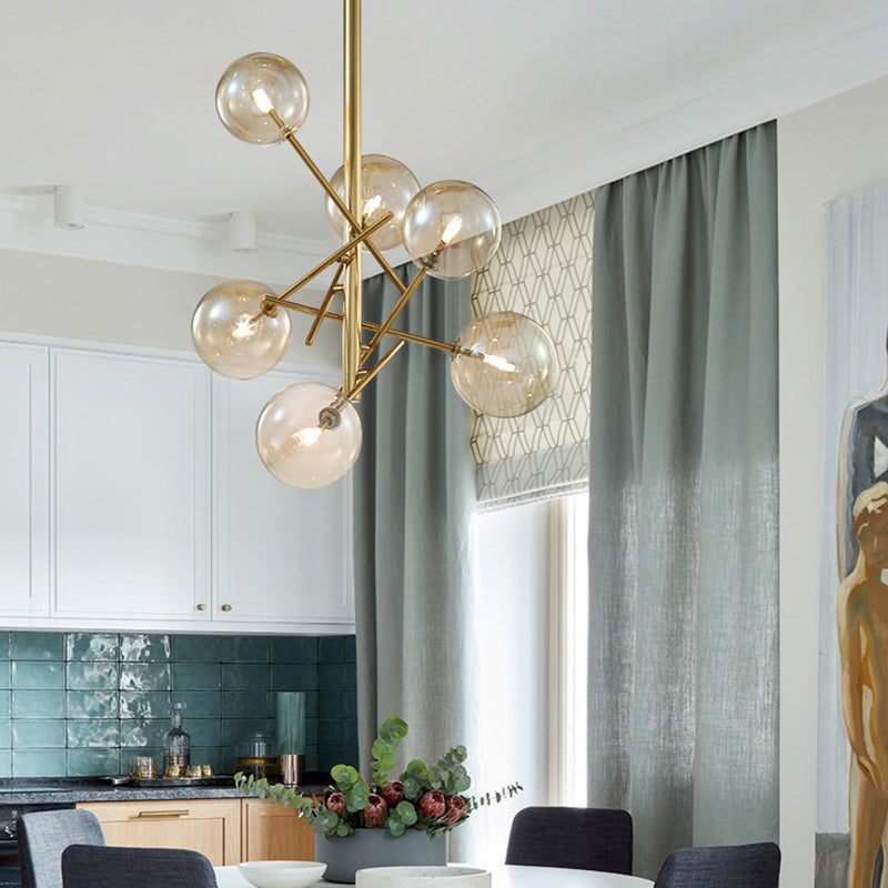 Minimalist Globe Semi Flush Light Cognac Glass 6 Lights Bedroom Semi Flush Mount in Brass Clearhalo 'Ceiling Lights' 'Chandeliers' 'Close To Ceiling Lights' 'Close to ceiling' 'Glass shade' 'Glass' 'Semi-flushmount' Lighting' 311197