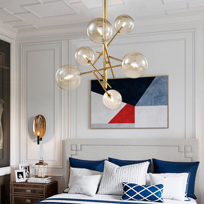 Minimalist Globe Semi Flush Light Cognac Glass 6 Lights Bedroom Semi Flush Mount in Brass Clearhalo 'Ceiling Lights' 'Chandeliers' 'Close To Ceiling Lights' 'Close to ceiling' 'Glass shade' 'Glass' 'Semi-flushmount' Lighting' 311198